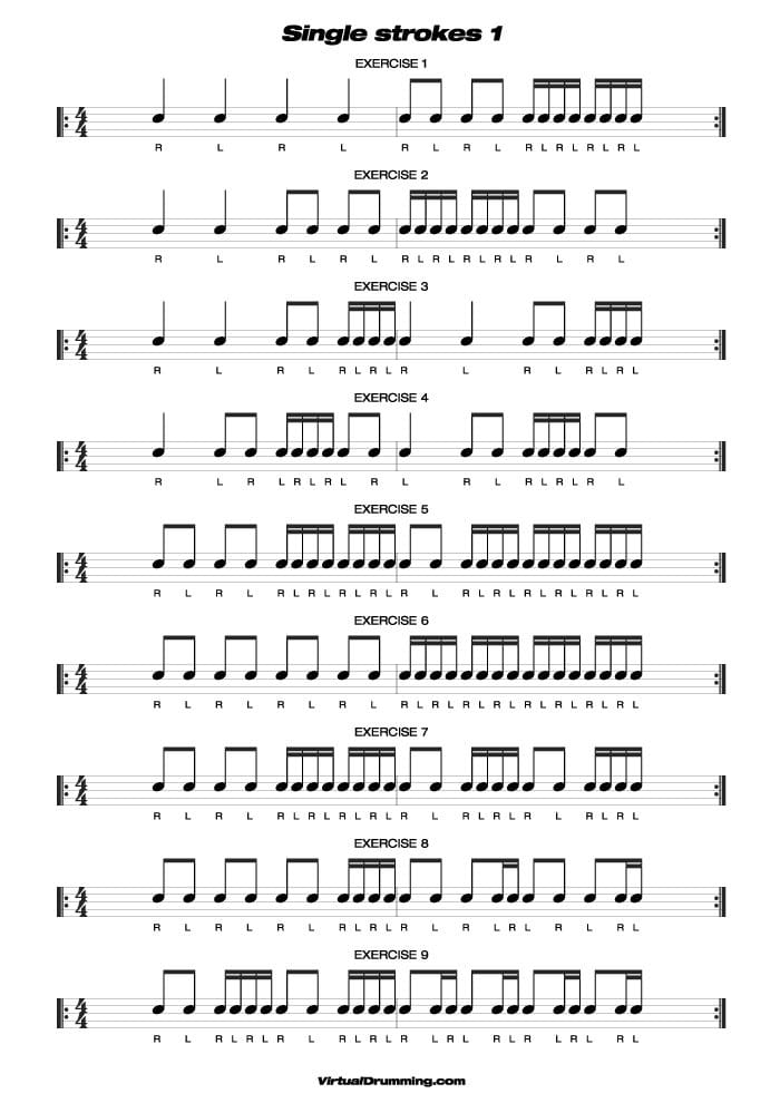 Drum sheet music lesson Single stroke 1