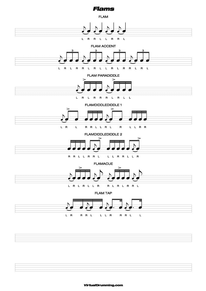 Drum sheet music lesson Flams