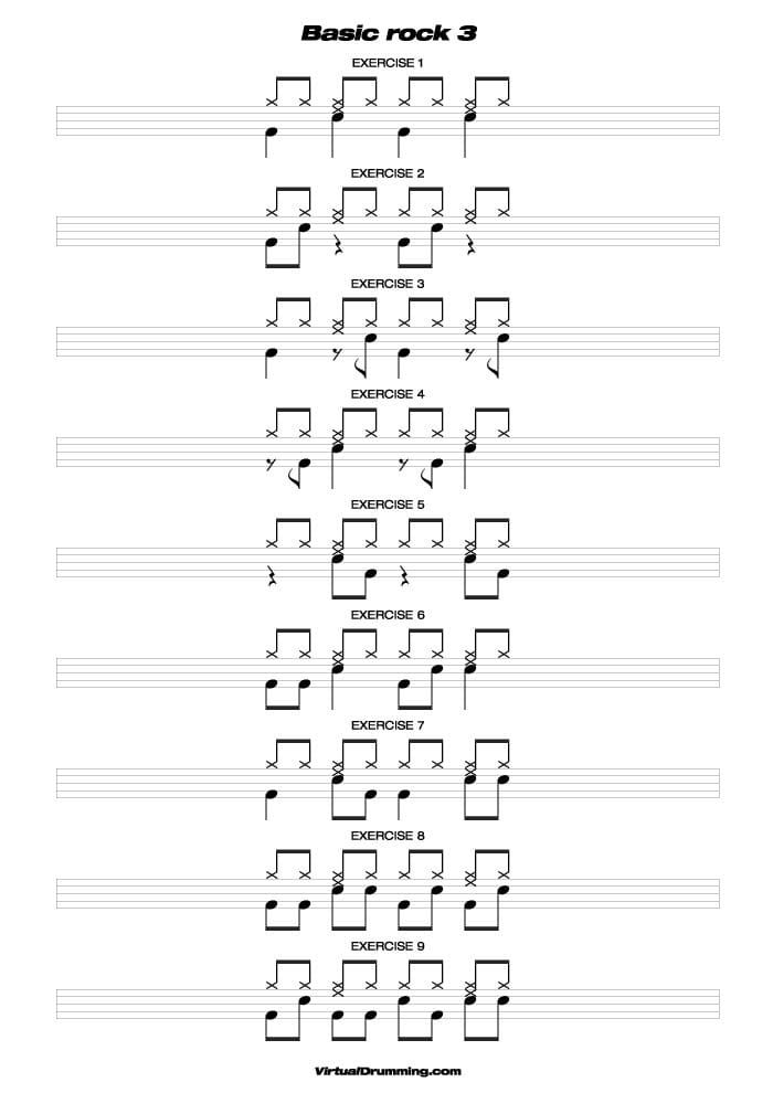 Drum sheet music lesson Basic Rock 3