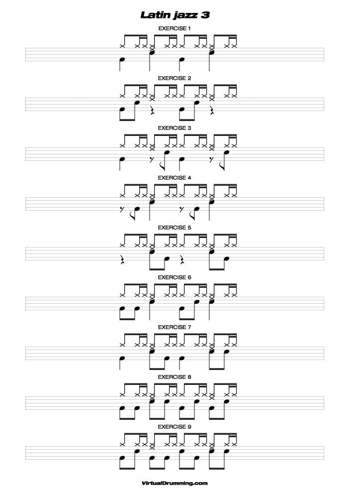 Drum sheet music lesson Latin Jazz 3