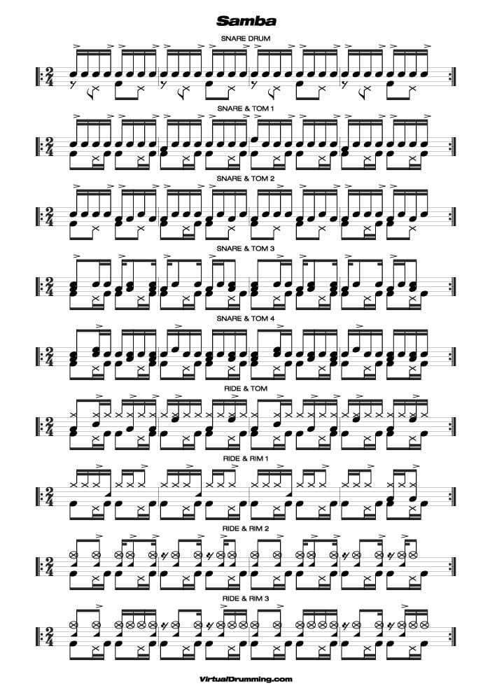 Drum sheet music lesson Samba advanced beats