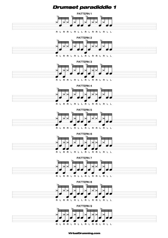 Drum sheet music lesson Drumset paradiddle 1