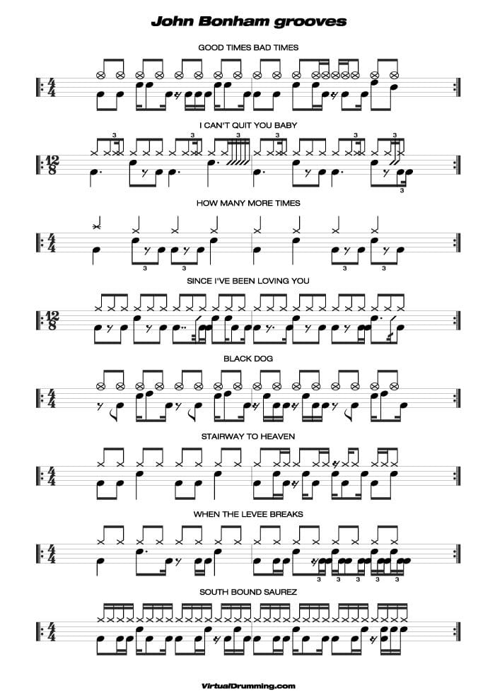 Drum sheet music lesson John Bonham grooves