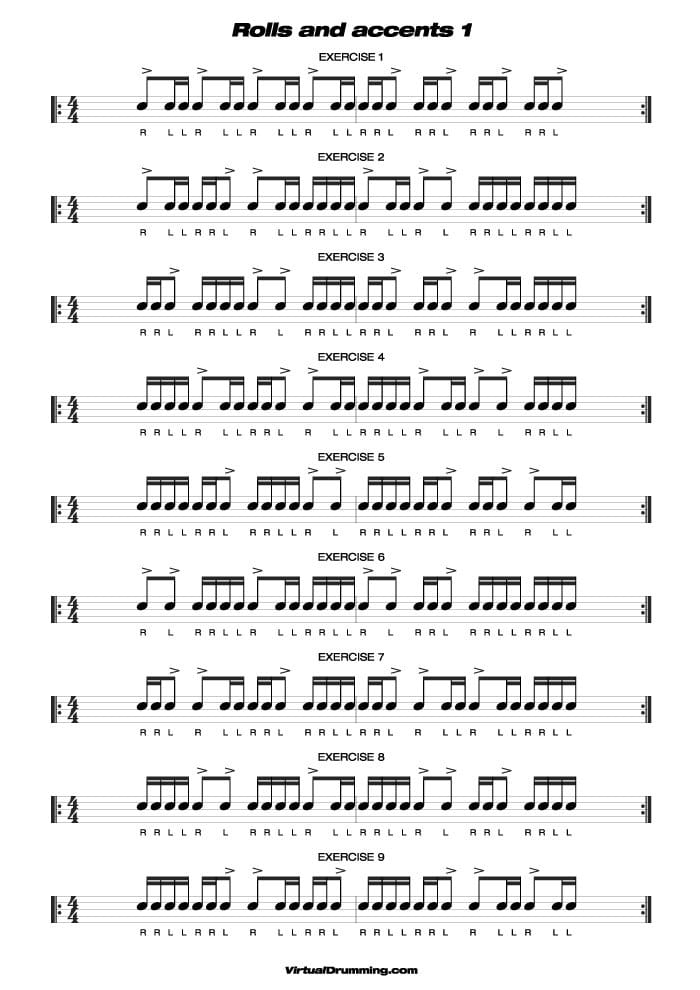 Drum sheet music lesson Rolls and accents 1