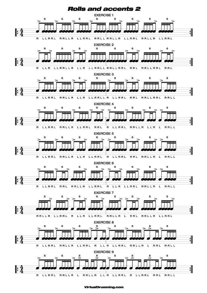 Partitura clase de batería Redobles y acentos 2